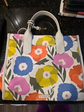 Fossil White Floral Satchel with Multicolor Bloom Print